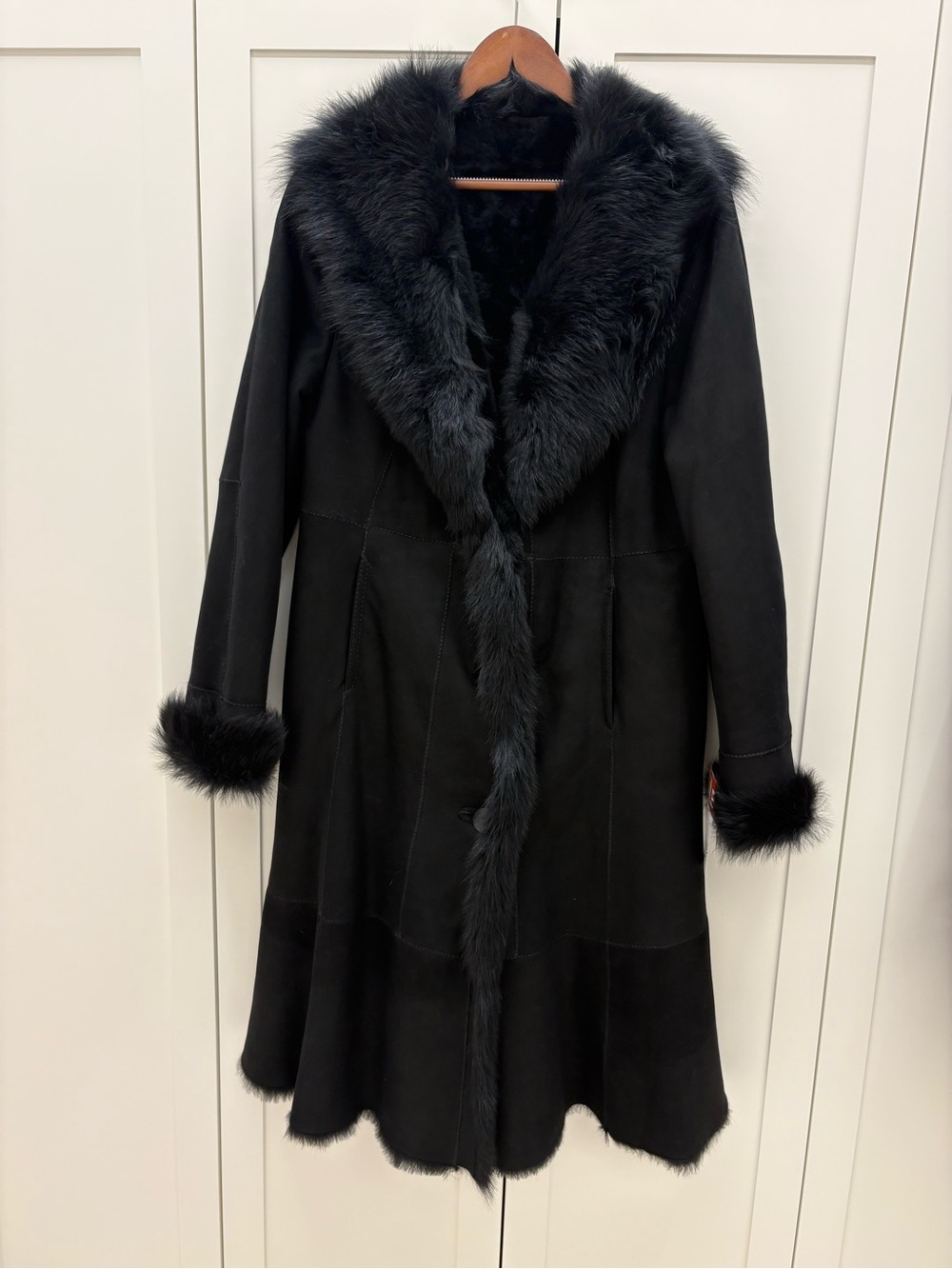 Women's Black Faux Fur Trim Long Trench Coat